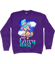 Load image into Gallery viewer, A male fairy with blue hair carrying a bald man by his briefs as they fly through the sky with the words Powered by Fairy Dust beneath
