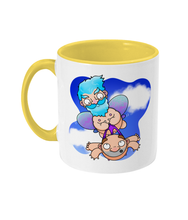 Load image into Gallery viewer, A male fairy with blue hair carrying a bald man by his briefs as they fly through the sky
