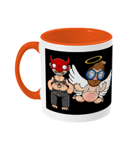 Load image into Gallery viewer, A gay man dressed in leather trousers and a harness and a devil mask along with a naked angel in blue glasses flying to his side
