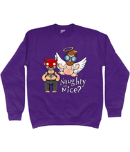Load image into Gallery viewer, A gay man dressed in leather trousers and a harness and a devil mask along with a naked angel in blue glasses flying to his side with the words Naughty or Nice below
