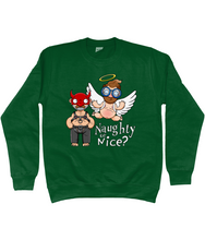Load image into Gallery viewer, A gay man dressed in leather trousers and a harness and a devil mask along with a naked angel in blue glasses flying to his side with the words Naughty or Nice below

