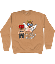 Load image into Gallery viewer, A gay man dressed in leather trousers and a harness and a devil mask along with a naked angel in blue glasses flying to his side with the words Naughty or Nice below
