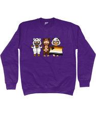 Load image into Gallery viewer, Three cute gay hunks in their bear onesies celebrating with their Bear Pride flag
