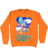 Load image into Gallery viewer, A male fairy with blue hair carrying a bald man by his briefs as they fly through the sky with the words Powered by Fairy Dust beneath
