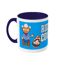 Load image into Gallery viewer, A gay cowboy wearing checked shirt, jeans, chaps and a cowboy hat standing next to a naked man hog tied with red rope.
