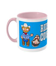 Load image into Gallery viewer, A gay cowboy wearing checked shirt, jeans, chaps and a cowboy hat standing next to a naked man hog tied with red rope.

