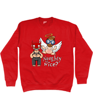 Load image into Gallery viewer, A gay man dressed in leather trousers and a harness and a devil mask along with a naked angel in blue glasses flying to his side with the words Naughty or Nice below
