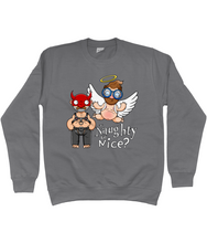 Load image into Gallery viewer, A gay man dressed in leather trousers and a harness and a devil mask along with a naked angel in blue glasses flying to his side with the words Naughty or Nice below

