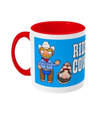 A gay cowboy wearing checked shirt, jeans, chaps and a cowboy hat standing next to a naked man hog tied with red rope.