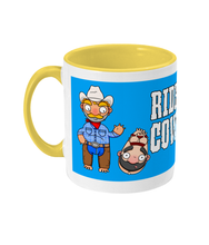 Load image into Gallery viewer, A gay cowboy wearing checked shirt, jeans, chaps and a cowboy hat standing next to a naked man hog tied with red rope.
