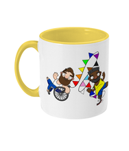 Load image into Gallery viewer, Two disabled gay hunks one in a wheelchair and one an amputee racing whilst celebrating pride.
