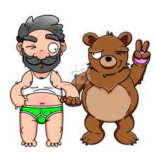 Load image into Gallery viewer, A gay man naked in briefs holding hands with a gay brown bear
