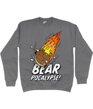 Load image into Gallery viewer, Grey sweatshirt with white bold text reading Bearpocalypse! with a large bear crashing into it like a meteorite with flames shooting out behind
