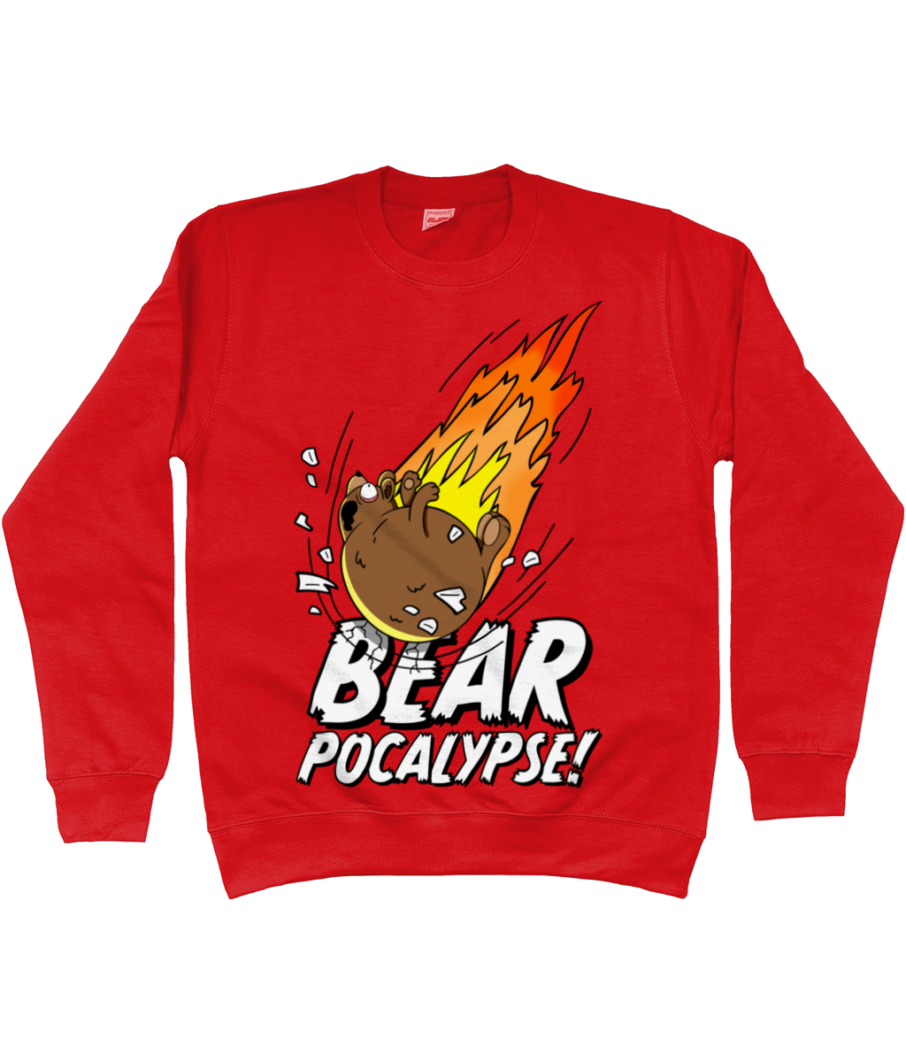 Red sweatshirt with white bold text reading Bearpocalypse! with a large bear crashing into it like a meteorite with flames shooting out behind