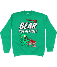 Load image into Gallery viewer, Green sweatshirt with white bold text reading Bearpocalypse! with an axe embedded in it and a green zombie bear infront of it with its intestines hanging out.
