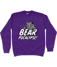 Load image into Gallery viewer, Purple sweatshirt with white bold text reading Bearpocalypse! with a robot bear climbing over it.
