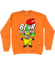 Load image into Gallery viewer, Orange Sweatshirt with white bold text reading Bearpocalypse! with a red barrel spilling toxic waste and a bear wearing a yellow hazmat suit
