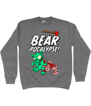 Load image into Gallery viewer, Grey sweatshirt with white bold text reading Bearpocalypse! with an axe embedded in it and a green zombie bear infront of it with its intestines hanging out.
