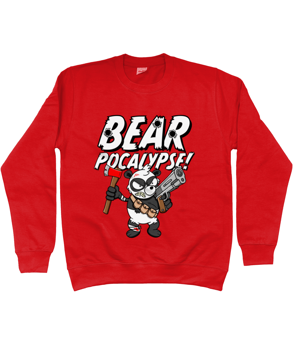 Red sweatshirt with white bold text reading Bearpocalypse! with a Panda armed with a hand gun and an axe.