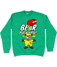 Load image into Gallery viewer, Green Sweatshirt with white bold text reading Bearpocalypse! with a red barrel spilling toxic waste and a bear wearing a yellow hazmat suit

