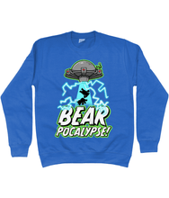 Load image into Gallery viewer, UFO with green glow hovers above bold white text which reads BEARPOCALYPSE! as it beams up the silhouettes of two bears and blue lightning crackles on a blue sweatshirt
