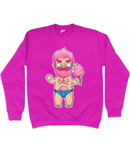 Load image into Gallery viewer, Gay sugar daddy cartoon candy floss character in blue briefs on a hot pink sweatshirt
