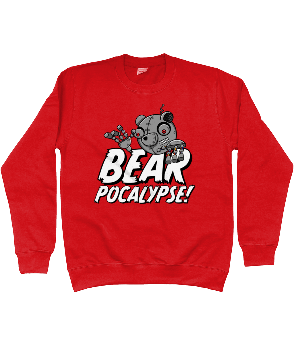 Red sweatshirt with white bold text reading Bearpocalypse! with a robot bear climbing over it.