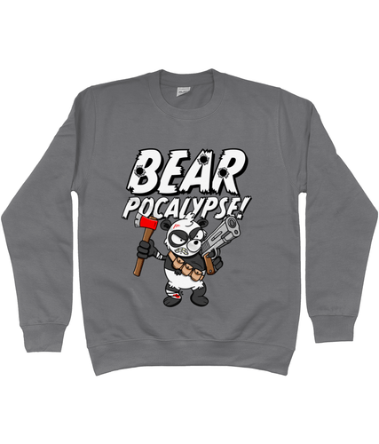 Grey sweatshirt with white bold text reading Bearpocalypse! with a Panda armed with a hand gun and an axe.