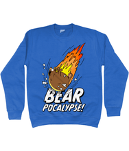 Load image into Gallery viewer, Blue sweatshirt with white bold text reading Bearpocalypse! with a large bear crashing into it like a meteorite with flames shooting out behind
