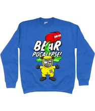 Load image into Gallery viewer, Blue Sweatshirt with white bold text reading Bearpocalypse! with a red barrel spilling toxic waste and a bear wearing a yellow hazmat suit
