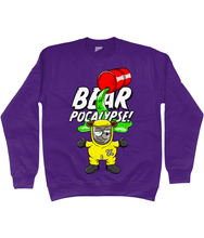 Load image into Gallery viewer, Purple Sweatshirt with white bold text reading Bearpocalypse! with a red barrel spilling toxic waste and a bear wearing a yellow hazmat suit
