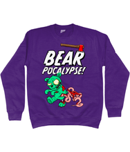 Load image into Gallery viewer, Purple sweatshirt with white bold text reading Bearpocalypse! with an axe embedded in it and a green zombie bear infront of it with its intestines hanging out.
