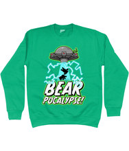 Load image into Gallery viewer, UFO with green glow hovers above bold white text which reads BEARPOCALYPSE! as it beams up the silhouettes of two bears and blue lightning crackles on a green sweatshirt
