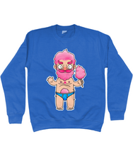 Load image into Gallery viewer, Gay sugar daddy cartoon candy floss character in blue briefs on a blue sweatshirt
