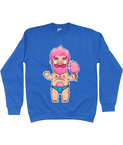 Gay sugar daddy cartoon candy floss character in blue briefs on a blue sweatshirt
