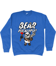 Load image into Gallery viewer, Blue sweatshirt with white bold text reading Bearpocalypse! with a Panda armed with a hand gun and an axe.

