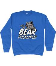 Load image into Gallery viewer, Blue sweatshirt with white bold text reading Bearpocalypse! with a robot bear climbing over it.
