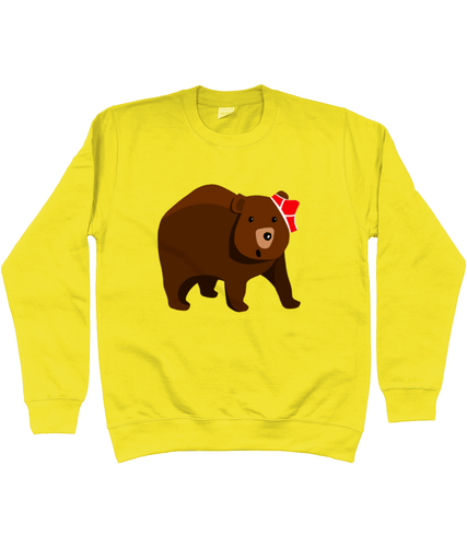 Big brown bear with red pants on his head on a yellow sweater