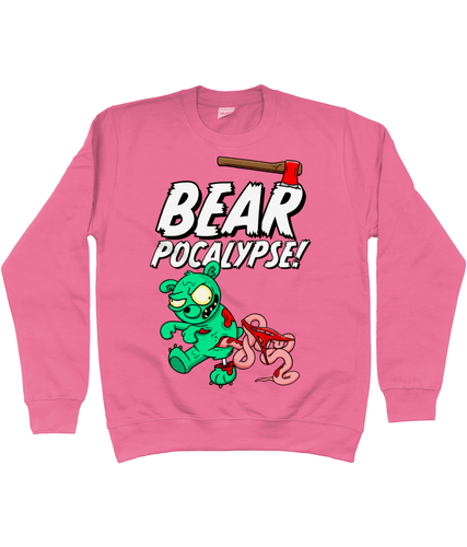 Pink sweatshirt with white bold text reading Bearpocalypse! with an axe embedded in it and a green zombie bear infront of it with its intestines hanging out.