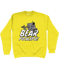 Load image into Gallery viewer, Yellow sweatshirt with white bold text reading Bearpocalypse! with a robot bear climbing over it.
