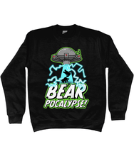 Load image into Gallery viewer, UFO with green glow hovers above bold white text which reads BEARPOCALYPSE! as it beams up the silhouettes of two bears and blue lightning crackles on a black sweatshirt
