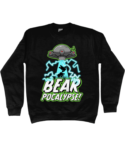 UFO with green glow hovers above bold white text which reads BEARPOCALYPSE! as it beams up the silhouettes of two bears and blue lightning crackles on a black sweatshirt