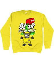 Load image into Gallery viewer, Yellow Sweatshirt with white bold text reading Bearpocalypse! with a red barrel spilling toxic waste and a bear wearing a yellow hazmat suit
