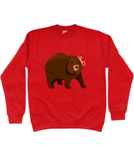 Load image into Gallery viewer, Big brown bear with red pants on his head on a red sweater
