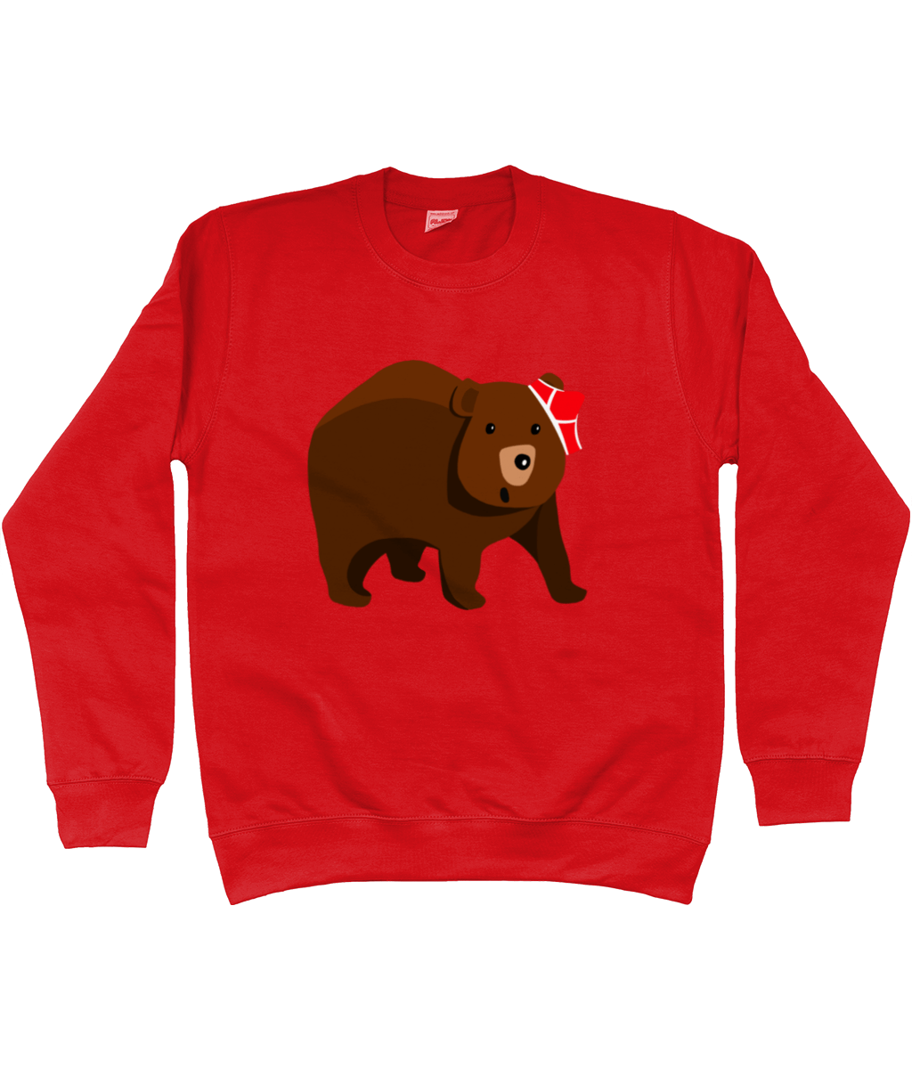 Big brown bear with red pants on his head on a red sweater