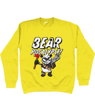 Load image into Gallery viewer, Yellow sweatshirt with white bold text reading Bearpocalypse! with a Panda armed with a hand gun and an axe.
