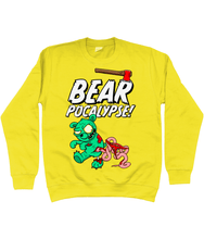 Load image into Gallery viewer, Yellow sweatshirt with white bold text reading Bearpocalypse! with an axe embedded in it and a green zombie bear infront of it with its intestines hanging out.
