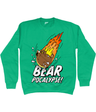 Load image into Gallery viewer, Green sweatshirt with white bold text reading Bearpocalypse! with a large bear crashing into it like a meteorite with flames shooting out behind
