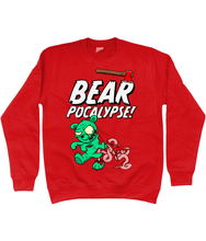 Load image into Gallery viewer, Red sweatshirt with white bold text reading Bearpocalypse! with an axe embedded in it and a green zombie bear infront of it with its intestines hanging out.

