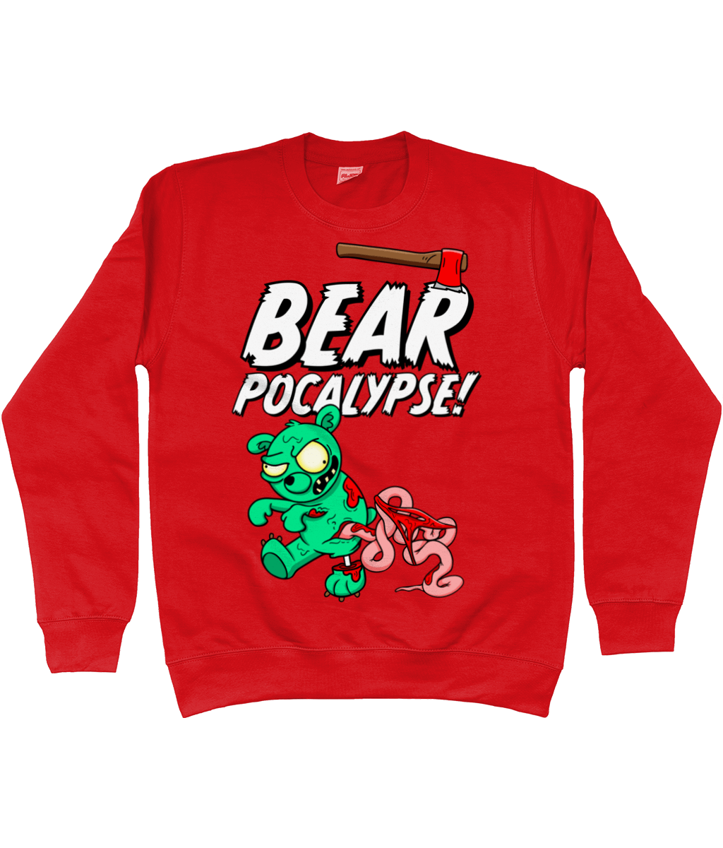 Red sweatshirt with white bold text reading Bearpocalypse! with an axe embedded in it and a green zombie bear infront of it with its intestines hanging out.